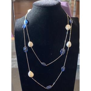 Signed Técla Long Sautoir Necklace In Pearls And Sapphires, Gold, 119 Cm