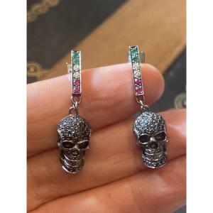 Pair Of "skull" Earrings In 18k White Gold, Black Diamonds