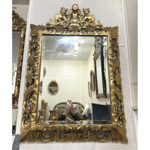 Italian Mirror With 2 Lions, 91 X 130 Cm, Gilded Wood 