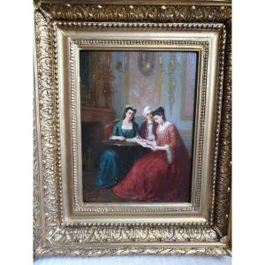 "reading" Oil On Panel, 19th Century