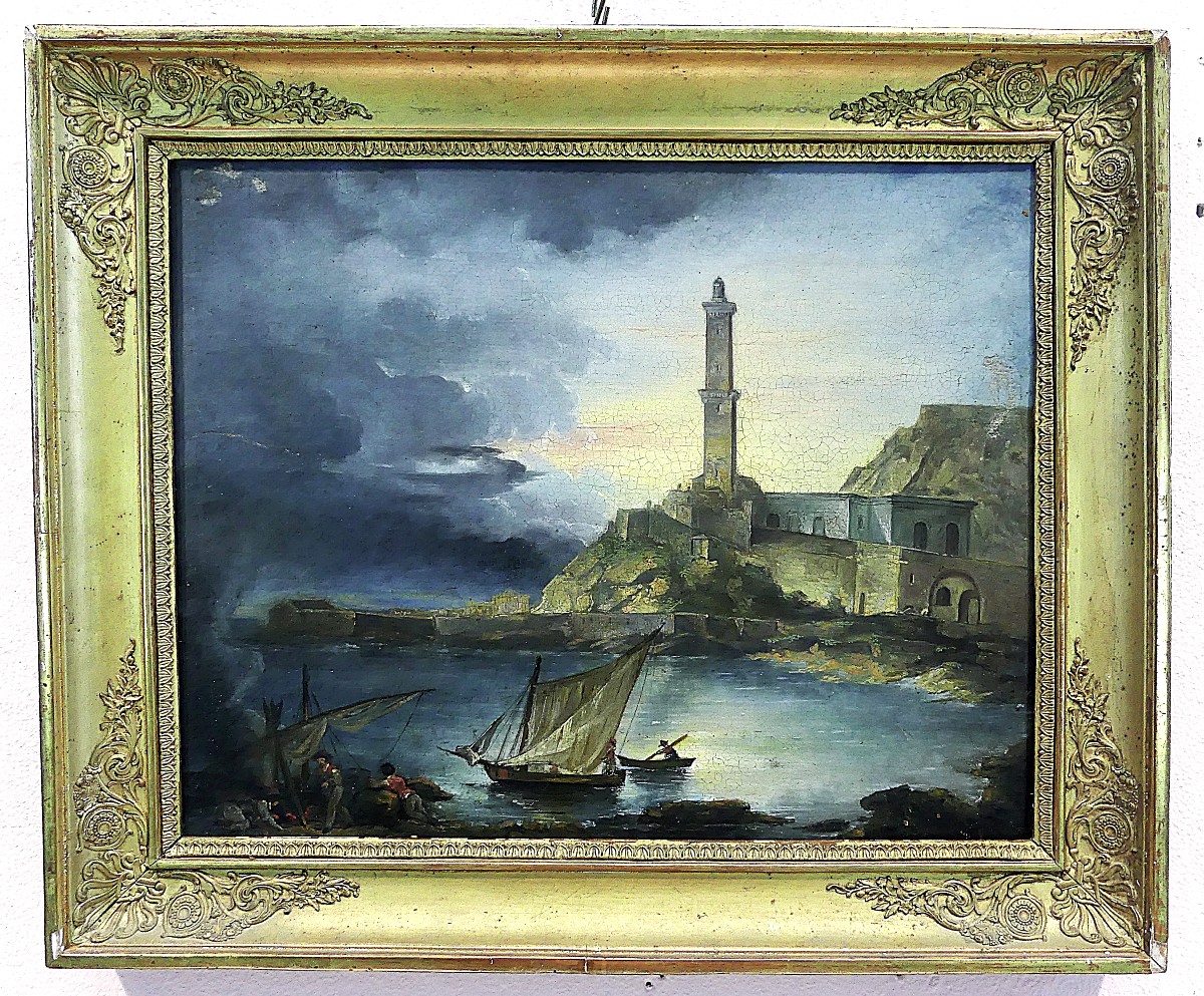 GIUSEPPE AMARETTI  VEDUTA DEL GOLFO DI GENOVA CON LA LANTERNA E PESCATORI