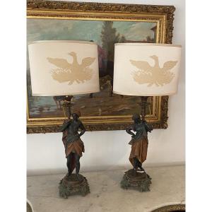 Pair Of Polychrome Spelter Lamps, 19th Century, Orientalist Style