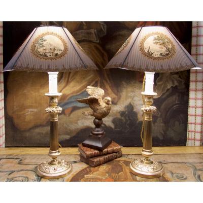 Pair Of Nicely Chiseled Gilt Bronze Candlesticks Lamps, Decorated With Flowers And Fruits, Restoration Era, Early 19th Century