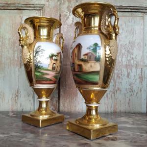 Pair Of Paris Porcelain Baluster Vases From The Restoration Period