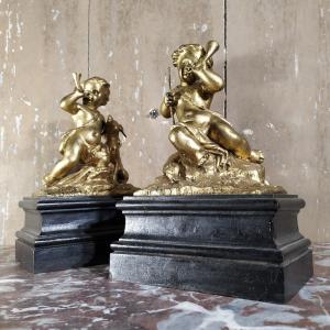 Pair Of Ornamental Subjects Figuring Hunting Puttis 