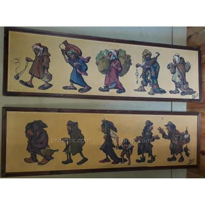 Pair Of Canvas Caricatures By Edouard Herzig Circa 1900