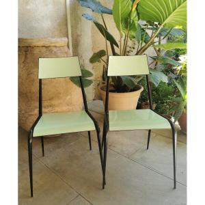 Enameled Sheet Metal Chairs From The 60s.