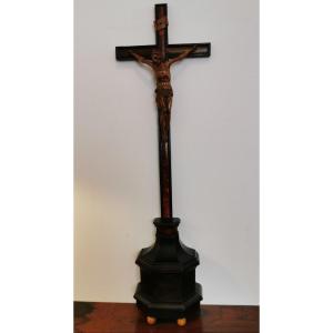 Blackened Wooden Cross With Christ In Boxwood From The 17th Century.