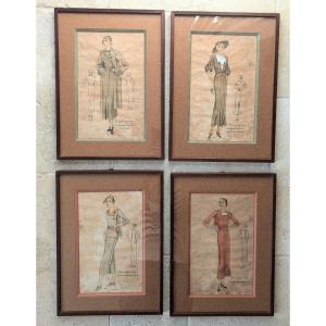 Set Of Four Fashion Watercolors And Ink. 