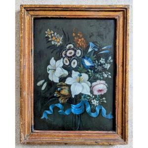 Oil On Panel Bouquet With Blue Ribbon