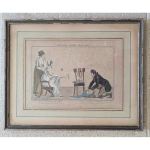 Framed Humorous Engraving "the Happy Merchant's Clerk" Empire Period
