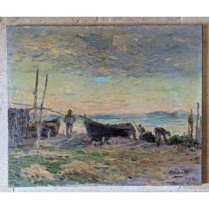 Impressionist Painting Of Fishermen At Sunset