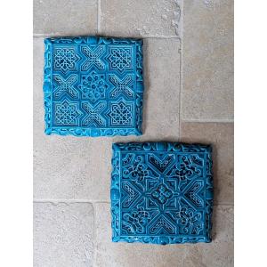 2 Turquoise Blue Moorish Trivets Attributed To Theodore Deck