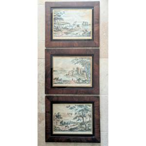 Three English Watercolor Engravings Framed Under Glass, 18th Century