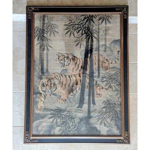 Japanese Silk Painting, Circa 1900. Tigers In A Bamboo Forest 