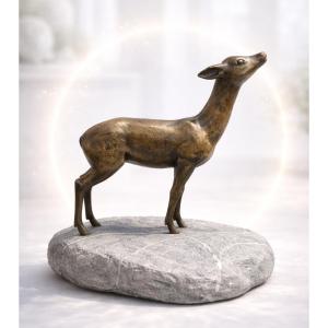 Charles Reussner (20th Century) Stylized Doe – Bronze With A Medal Patina, On A Stone Base