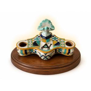 Polychrome Ceramic Inkwell From The Tissier Factory In Nabeul