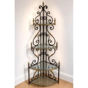 19th-century Bakery Corner Shelf Wrought Iron, Brass