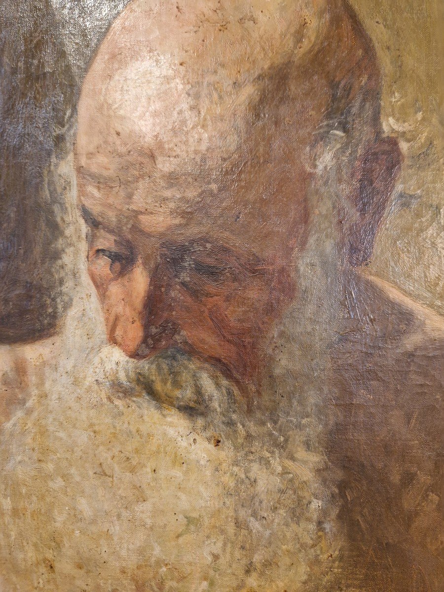 Dipinto olio su tela raffigurante filosofo con barba bianca. Siglato ma non identificato-photo-2