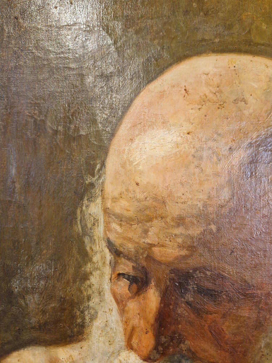 Dipinto olio su tela raffigurante filosofo con barba bianca. Siglato ma non identificato-photo-1