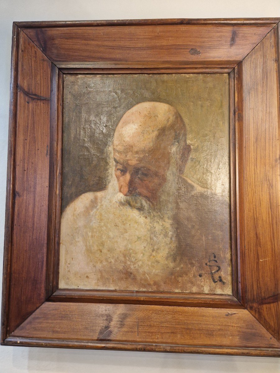 Dipinto olio su tela raffigurante filosofo con barba bianca. Siglato ma non identificato-photo-4