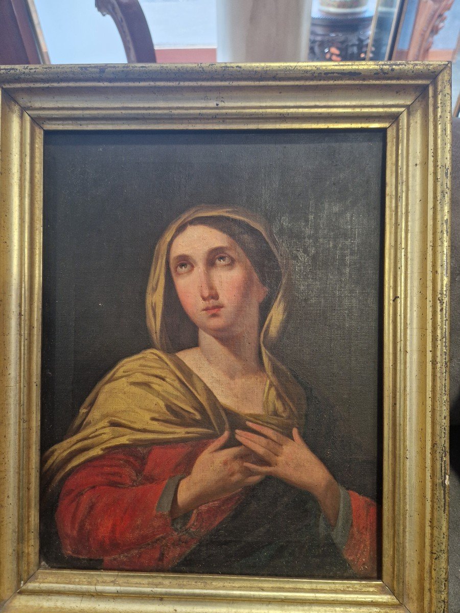 Quadro olio su della raffigurante Donna addolorata. Seconda metà dell'ottocento-photo-3