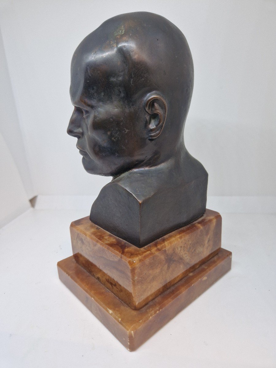 Bronzo testa di Mussolini con base in marmo. Prima metà del novecento-photo-3