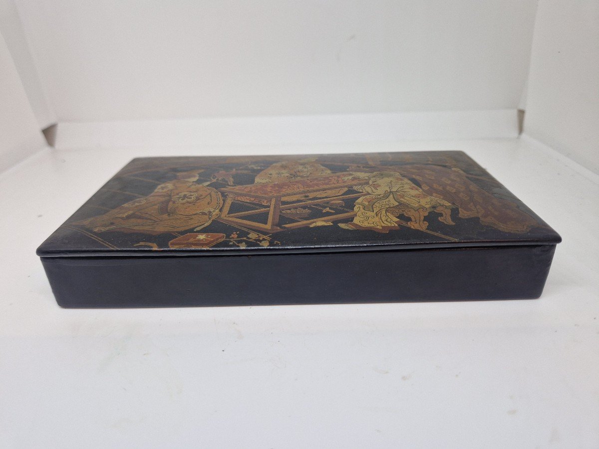 Antica scatola portamatite -cofanetto-Napoleone III cartapesta decoro giappo papier mache-photo-1