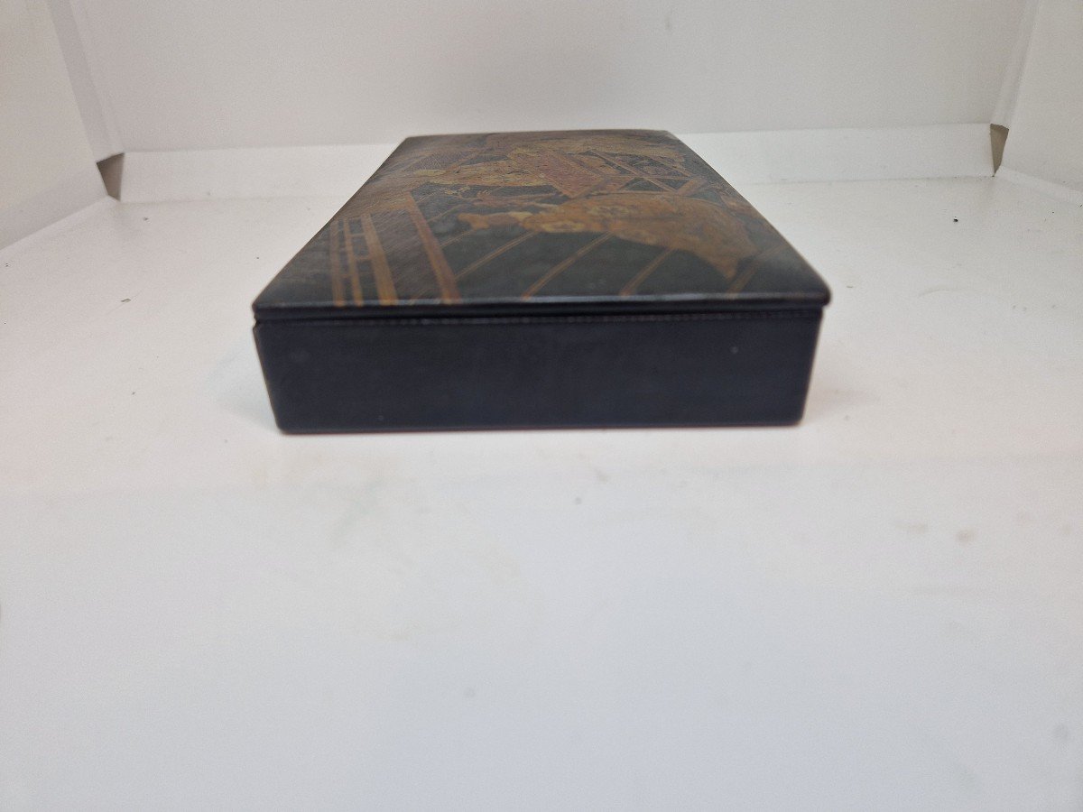 Antica scatola portamatite -cofanetto-Napoleone III cartapesta decoro giappo papier mache-photo-2