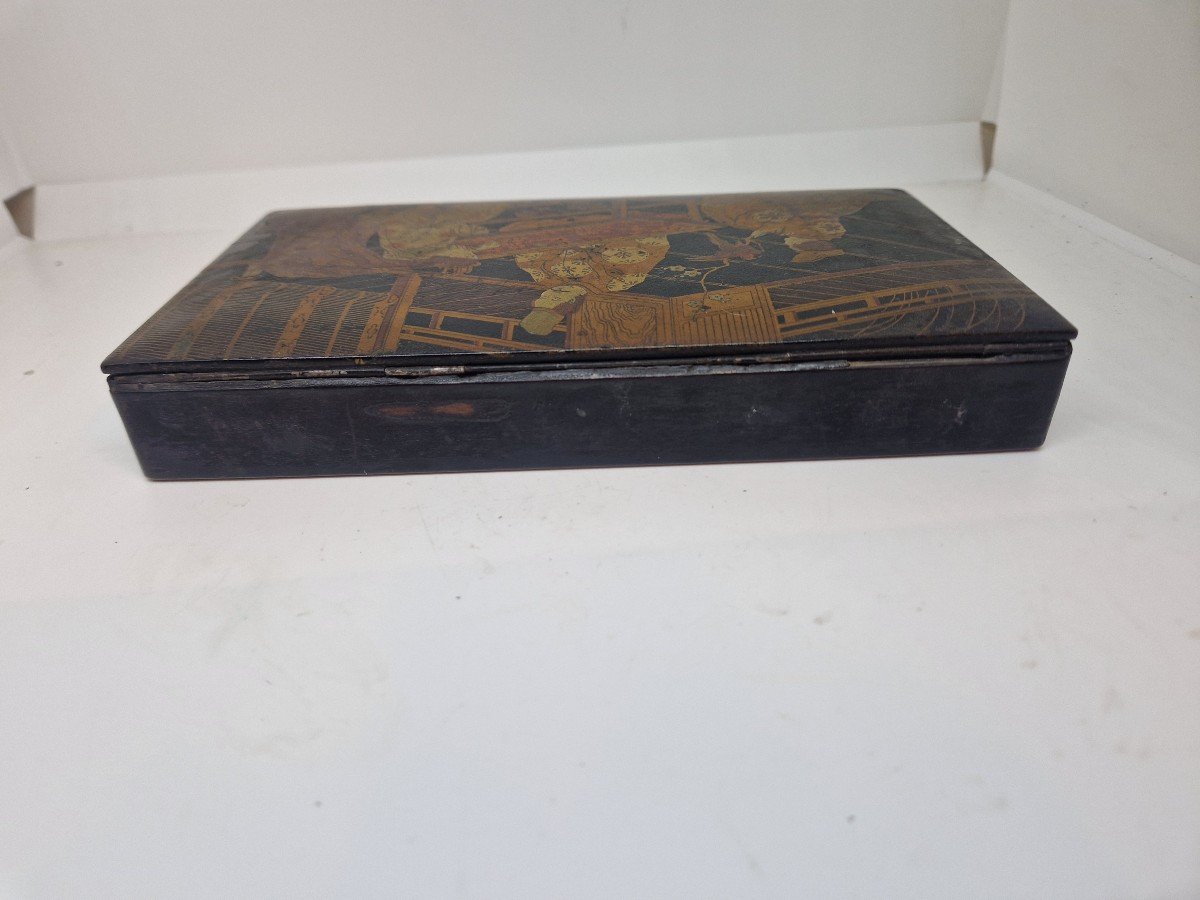 Antica scatola portamatite -cofanetto-Napoleone III cartapesta decoro giappo papier mache-photo-3