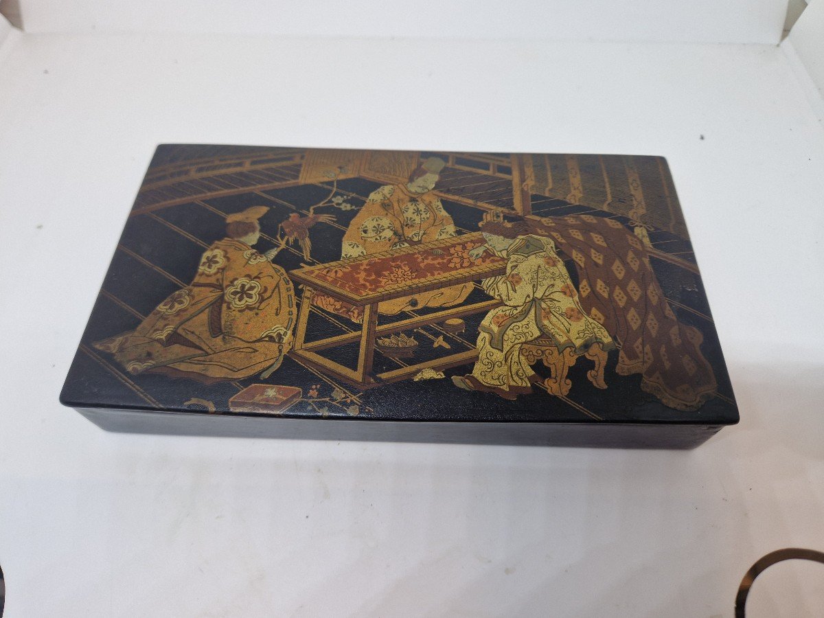 Antica scatola portamatite -cofanetto-Napoleone III cartapesta decoro giappo papier mache