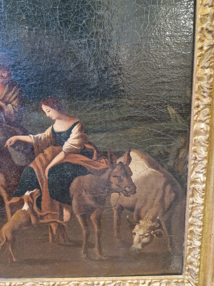 Olio su tela olandese dell'ottocento raffigurante scena campestre. Cornice in stile.-photo-2