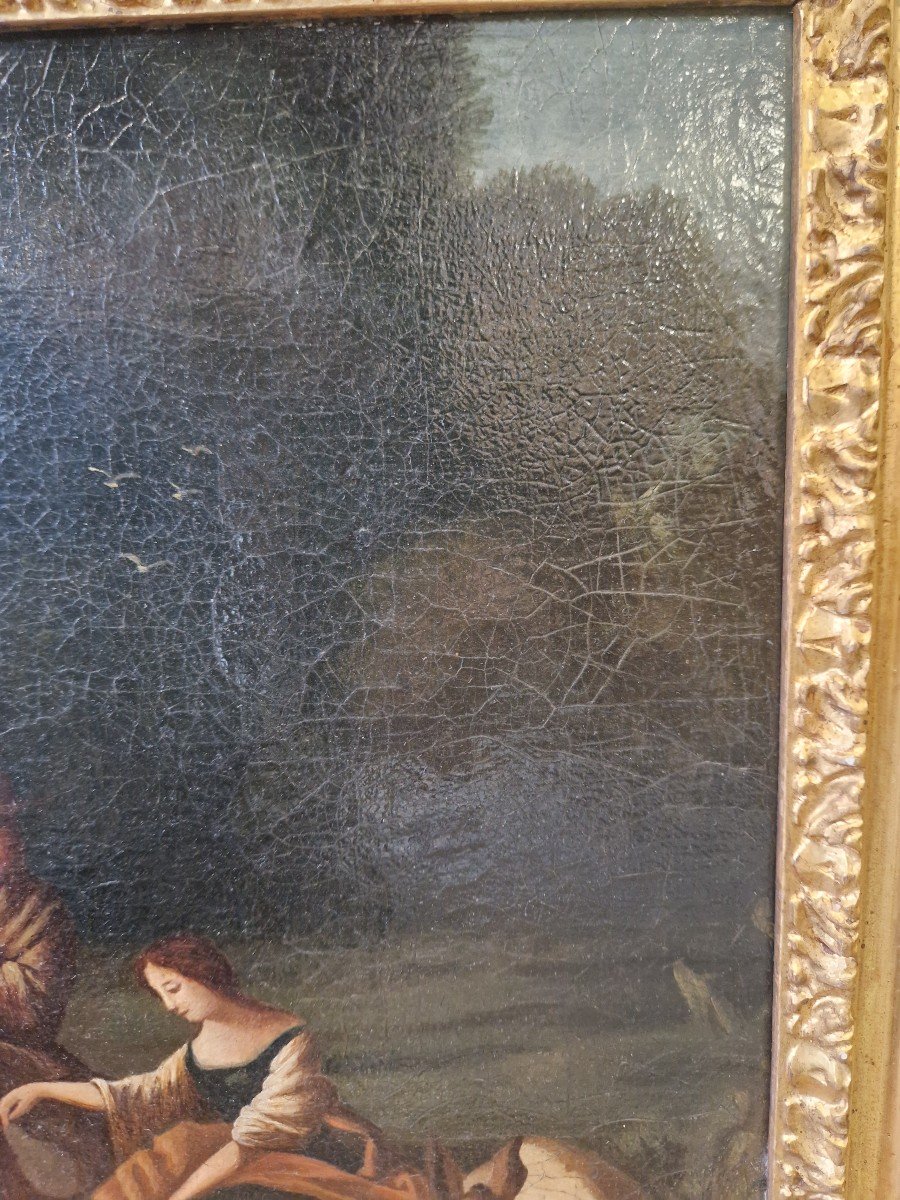 Olio su tela olandese dell'ottocento raffigurante scena campestre. Cornice in stile.-photo-3