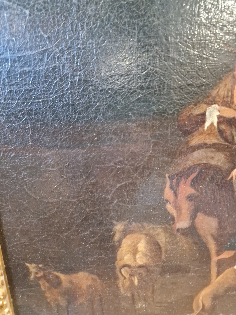 Olio su tela olandese dell'ottocento raffigurante scena campestre. Cornice in stile.-photo-4