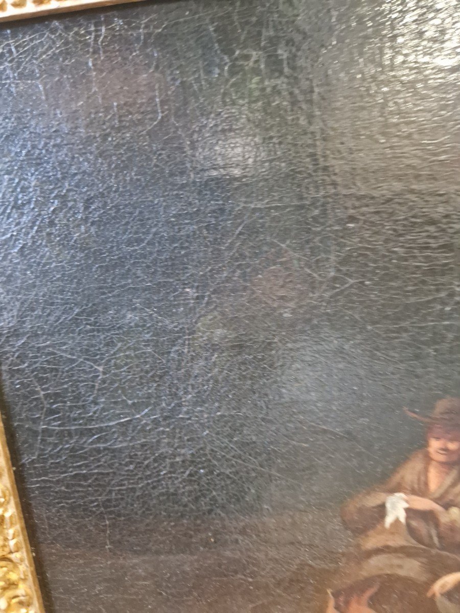 Olio su tela olandese dell'ottocento raffigurante scena campestre. Cornice in stile.-photo-1