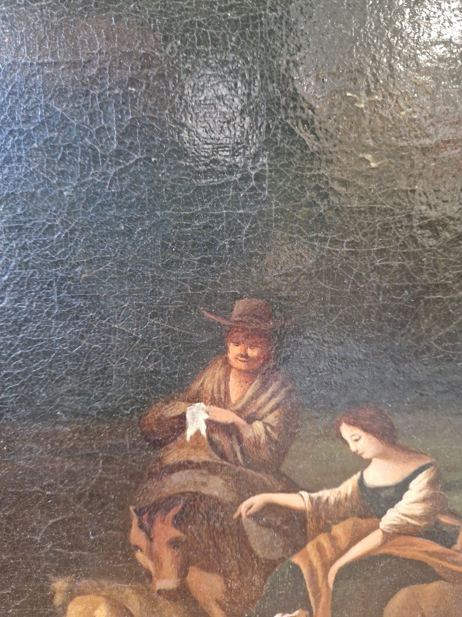 Olio su tela olandese dell'ottocento raffigurante scena campestre. Cornice in stile.-photo-2