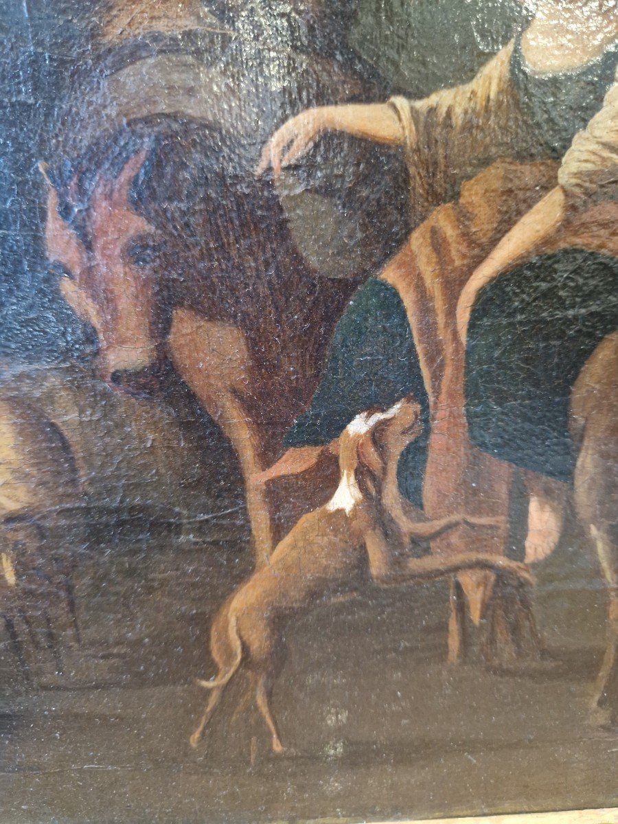 Olio su tela olandese dell'ottocento raffigurante scena campestre. Cornice in stile.-photo-3