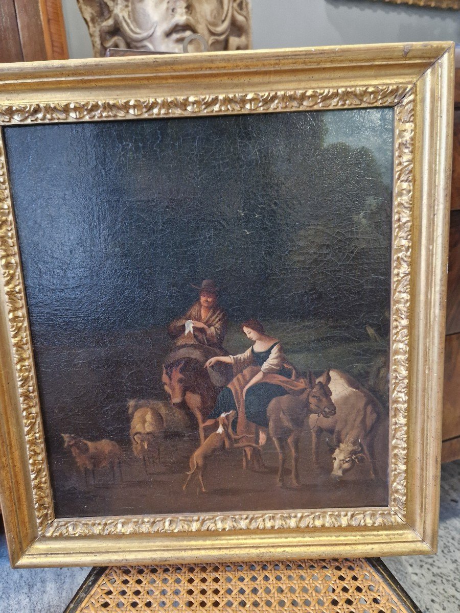 Olio su tela olandese dell'ottocento raffigurante scena campestre. Cornice in stile.