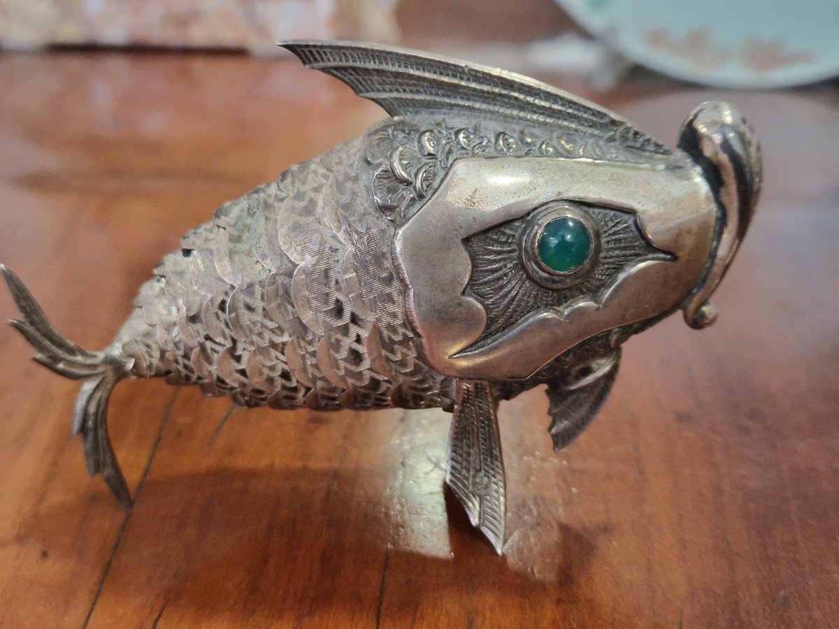 Tris di saliere in argento 800 a forma di pesce. Prodotte alla fine dell'ottocento-photo-4