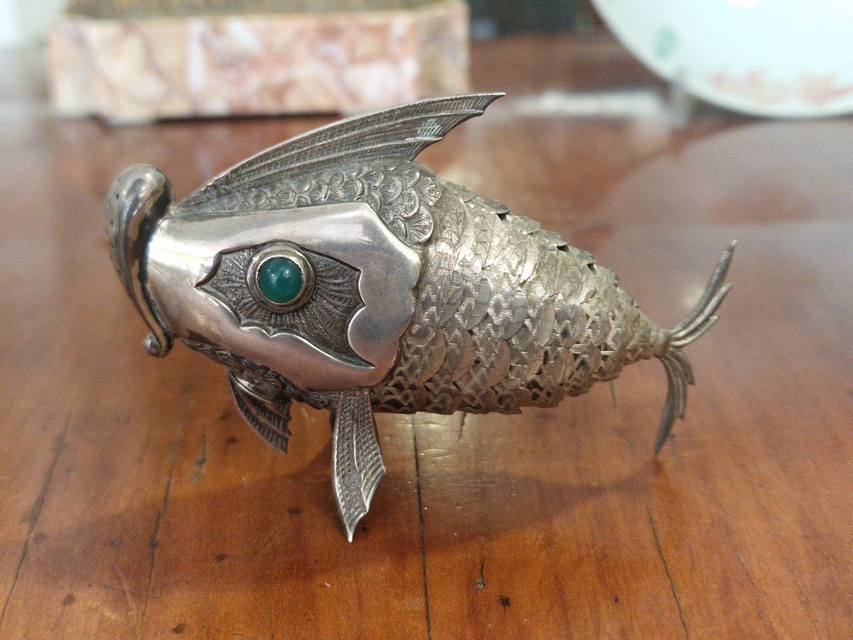 Tris di saliere in argento 800 a forma di pesce. Prodotte alla fine dell'ottocento-photo-5