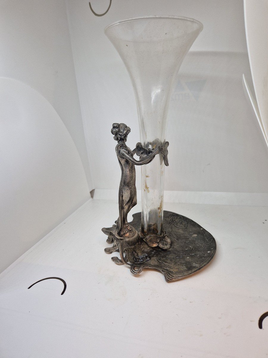 Bellissimo vaso Jugendstil peltro argentato e cristallo Germania XIX-photo-4