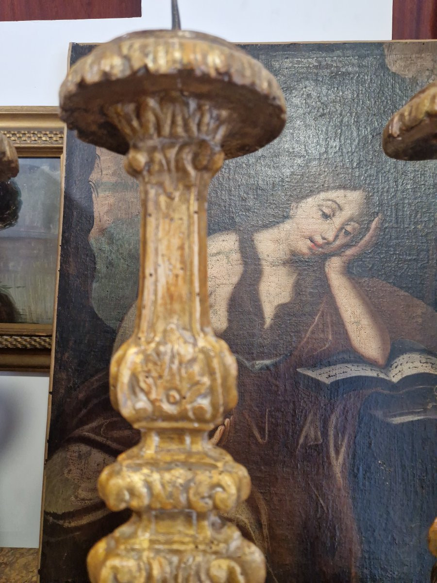 Tre deliziosi candelabri in legno dorato-photo-3