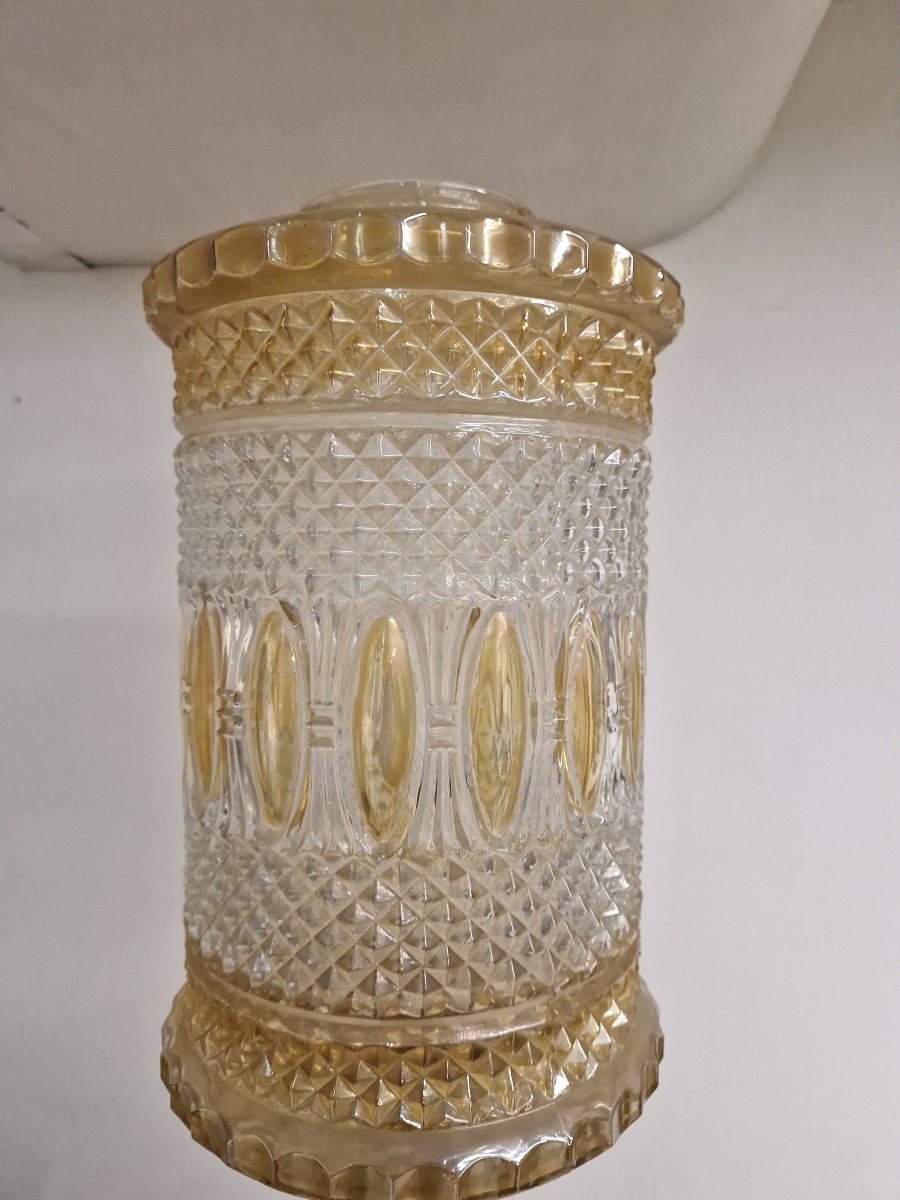 Lampada da tavolo in marmo, cristallo colorato e ottone dorato dei primi del novecento-photo-3