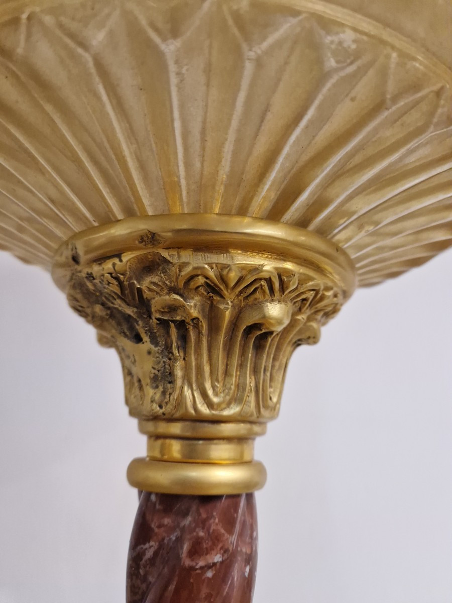 Lampada da tavolo in marmo, cristallo colorato e ottone dorato dei primi del novecento-photo-4