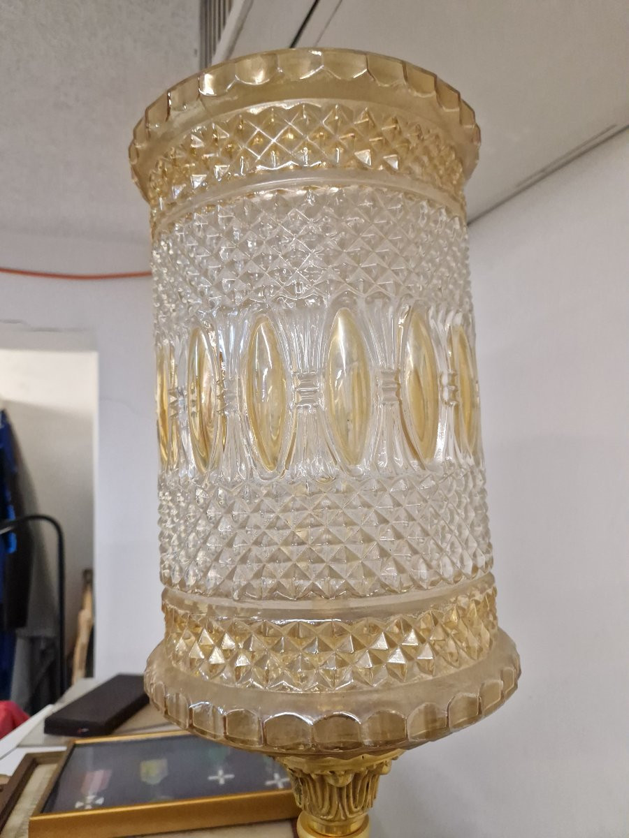 Lampada da tavolo in marmo, cristallo colorato e ottone dorato dei primi del novecento-photo-1