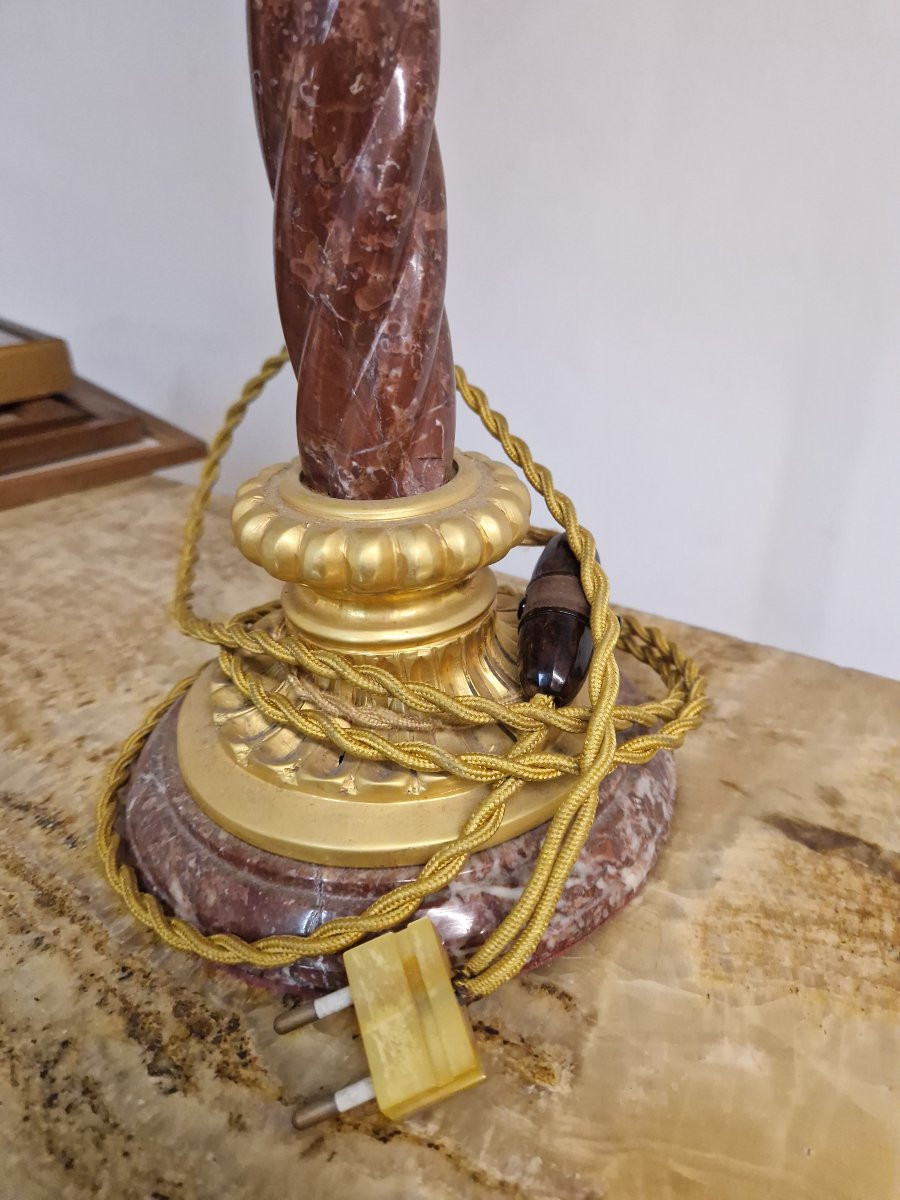 Lampada da tavolo in marmo, cristallo colorato e ottone dorato dei primi del novecento-photo-2