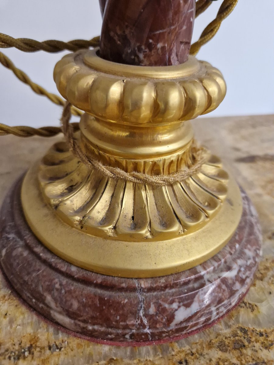Lampada da tavolo in marmo, cristallo colorato e ottone dorato dei primi del novecento-photo-5