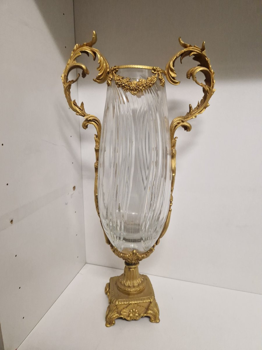 Vaso centrale in cristallo molato e bronzo dorato, Francia, inizio XIX secolo-photo-3