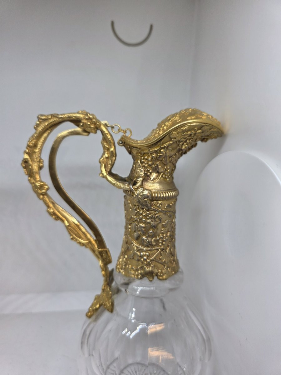 Coppia di bottiglie in cristallo con manico e coperchio in argento (una vermeil)-photo-4