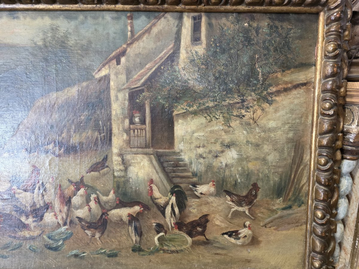 Dipinto olio su tela raffigurante galli e galline in un aia-photo-3
